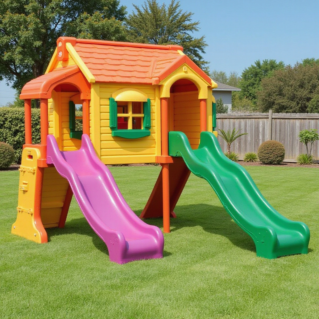 Alt-text: Dzieci bawiące się na zjeżdżalni wolnostojącej i zintegrowanej z placem zabaw w ogrodzie.