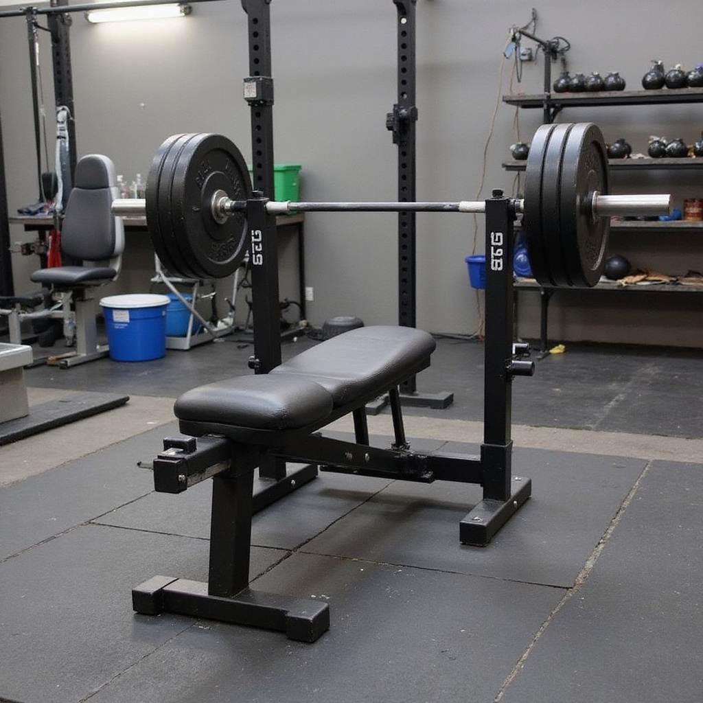Alt-text: Mężczyzna wykonujący wyciskanie sztangi na ławce treningowej z podporami, w domowej siłowni.