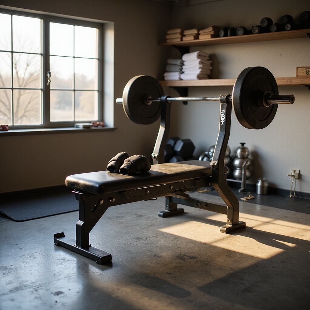 Alt-text: Mężczyzna wykonujący wyciskanie sztangi na ławce treningowej z podporami, w domowej siłowni.
