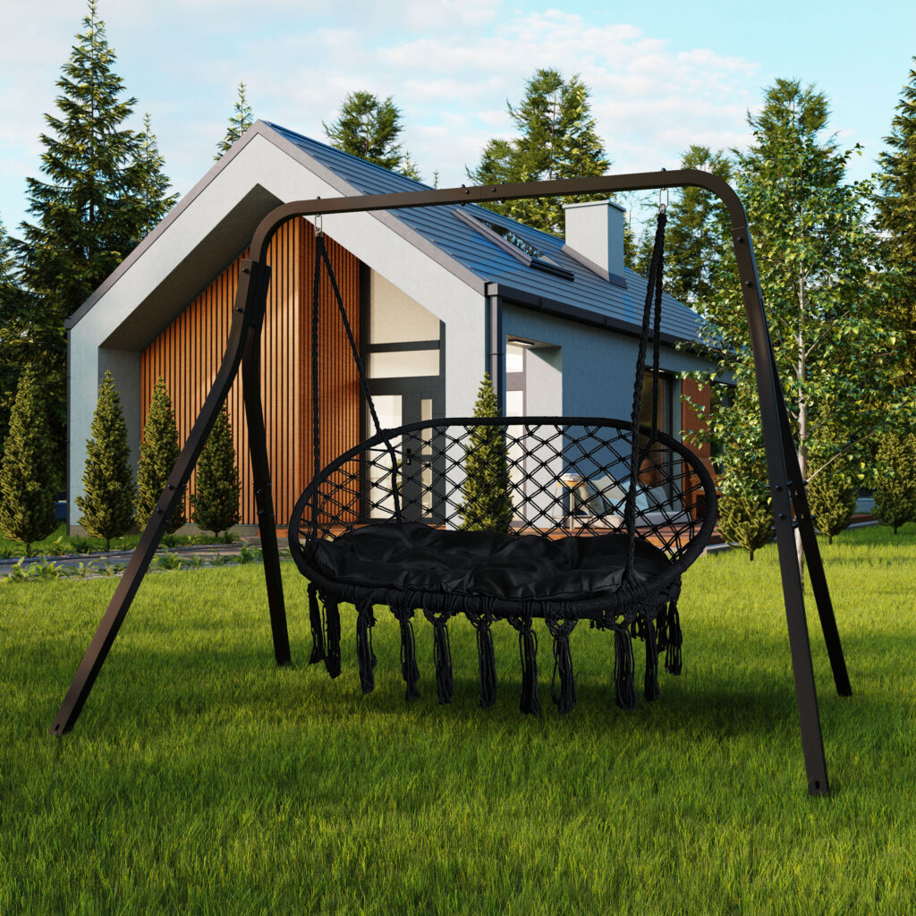 Podwójna huśtawka Ogrodowa przed domem na trawniku